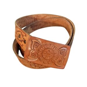 Chambers Brown Embossed South Western Tooled Leather Belt Size 38 PRE-OWNED